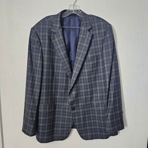 Samuelsohn Performance Mens Plaid Blazer Jacket Wool Blend Blue Gray Size‎ 48